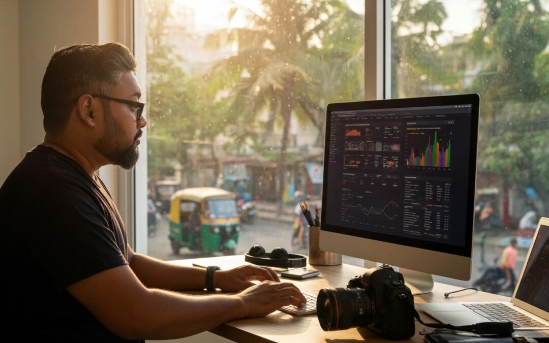 Best photographer in Chennai Calvin Concesso working on web design and digital marketing at his desk