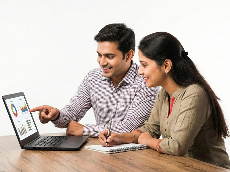 Two colleagues collaborating at a modern desk with a laptop, illustrating authentic office lifestyle and corporate branding photography.