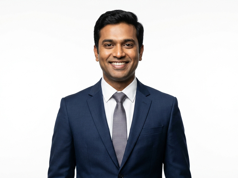 A confident male executive in a navy blue suit smiling, representing premium executive headshots in Chennai by C and T Fotography.