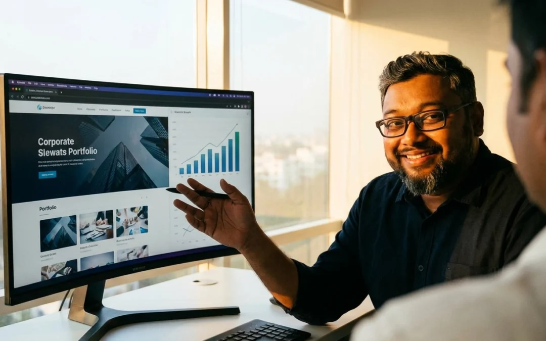 Best photographer in Chennai Calvin Concesso reviewing a premium business website design with growth charts in a modern office