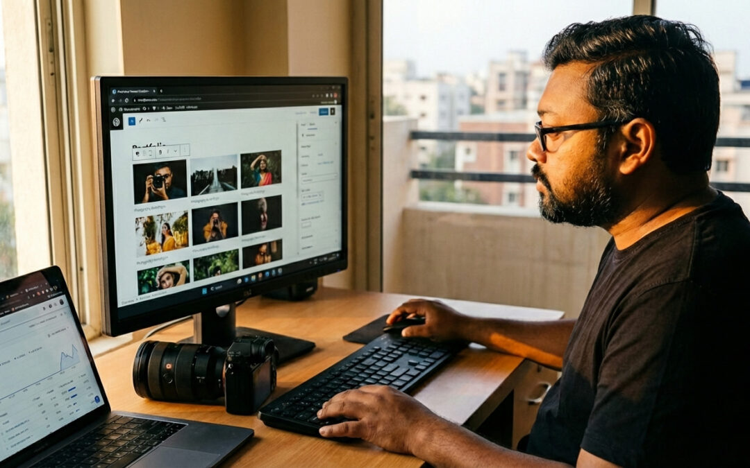 Best photographer in Chennai Calvin Concesso designing a premium WordPress website on a large desktop monitor