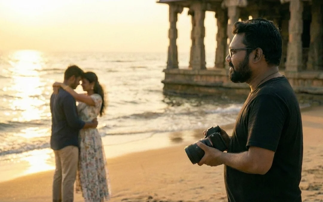 Best photographer in Chennai Calvin Concesso capturing a cinematic pre wedding photoshoot at a scenic beach location