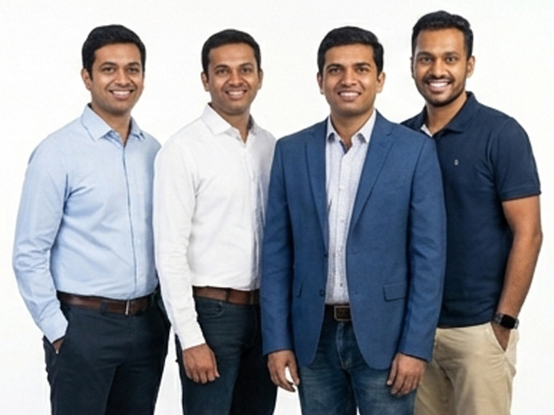 A diverse group of four business professionals smiling together, showcasing corporate team portrait photography services in Chennai.