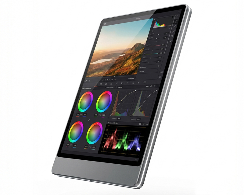 A sleek digital tablet displaying professional photo editing tools to illustrate the high-quality retouching services provided by C and T Fotography.